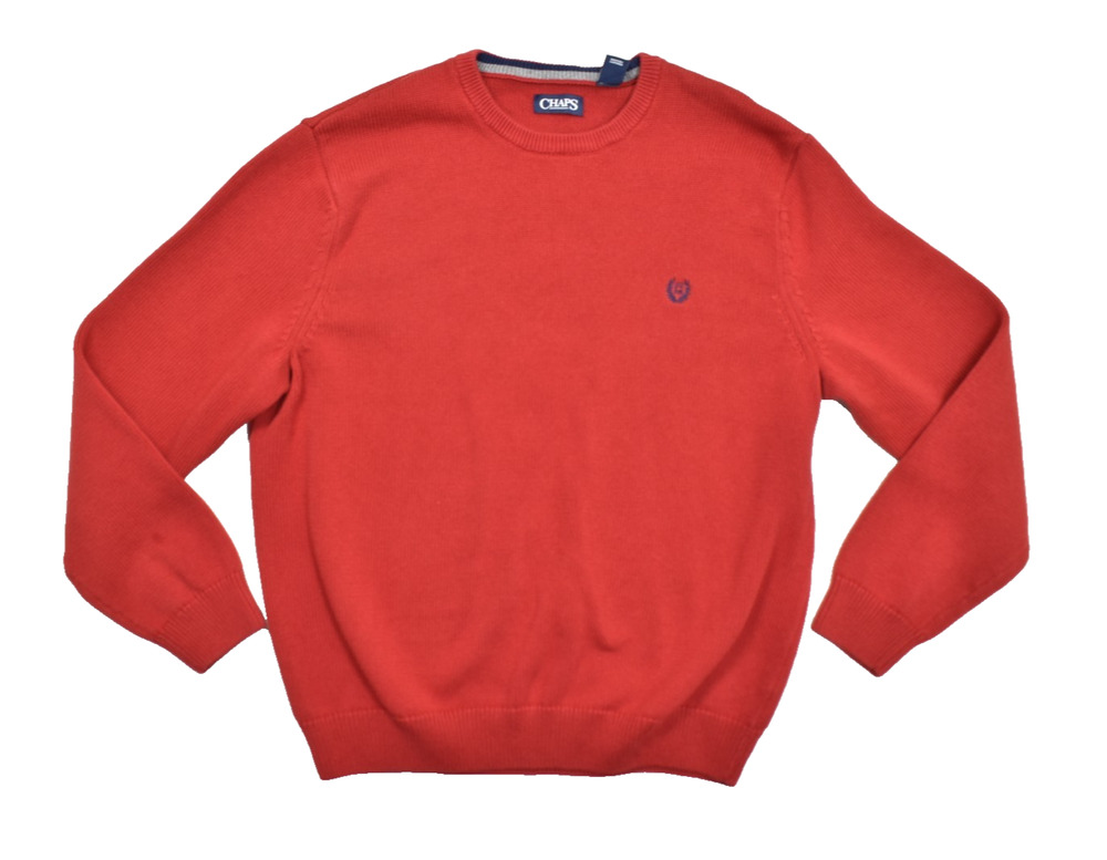 Chaps Men's Sweater XXL Red Cotton Crew Neck Long Sleeve Pullover Logo Knit